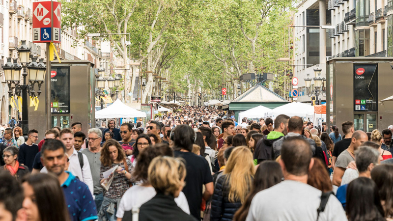 View of the stands and people on la Rambla
