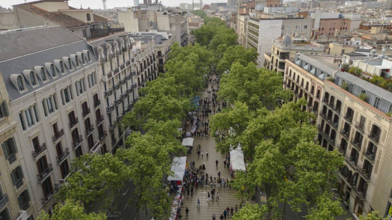 Aerial view of the Sant Jordi stands installed on la Rambla with people walking