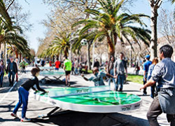 Personas paseando, jugando y practicando deporte en la plaza de las Glòries.