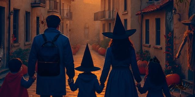 Una familia celebra Halloween por las calles del Poble Espanyol