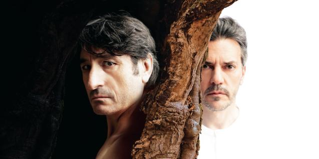 Un collage con los rostros de los dos actores protagonistas separadas por un cortina anuncia las funciones del montaje