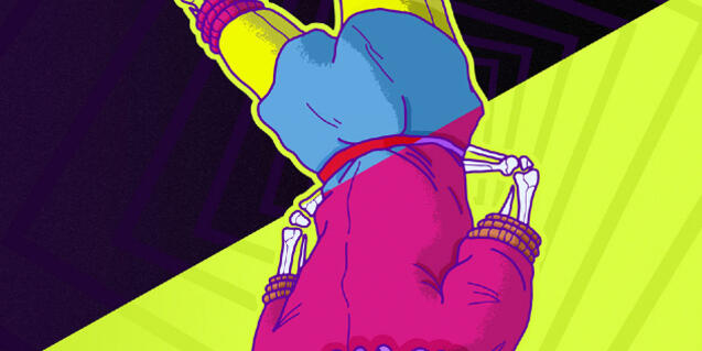 Subsol Un fragment del dibuix d'un esquelet vestit i penjat cap per avall que serveix d'imatge al festival