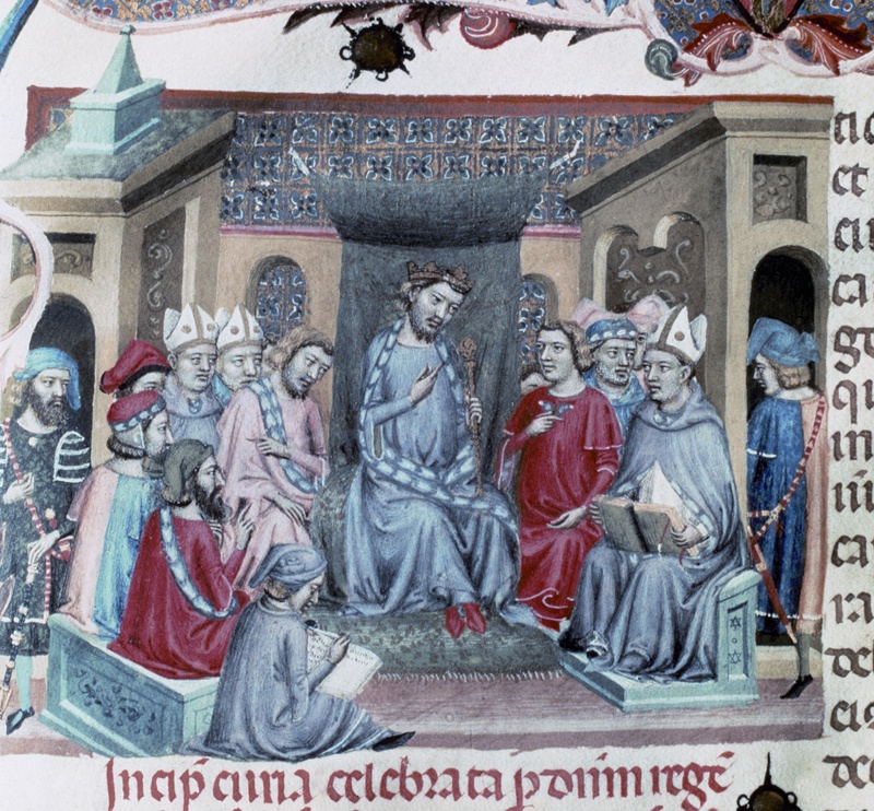 Representació de les Corts Catalanes reunides a Montblanc el 18 de juny de 1333 sota la presidència del rei Alfons III, en una làmina del llibre dels Usatges de Barcelona, una recopilació de drets anterior en cent anys a la Carta Magna d’Anglaterra.