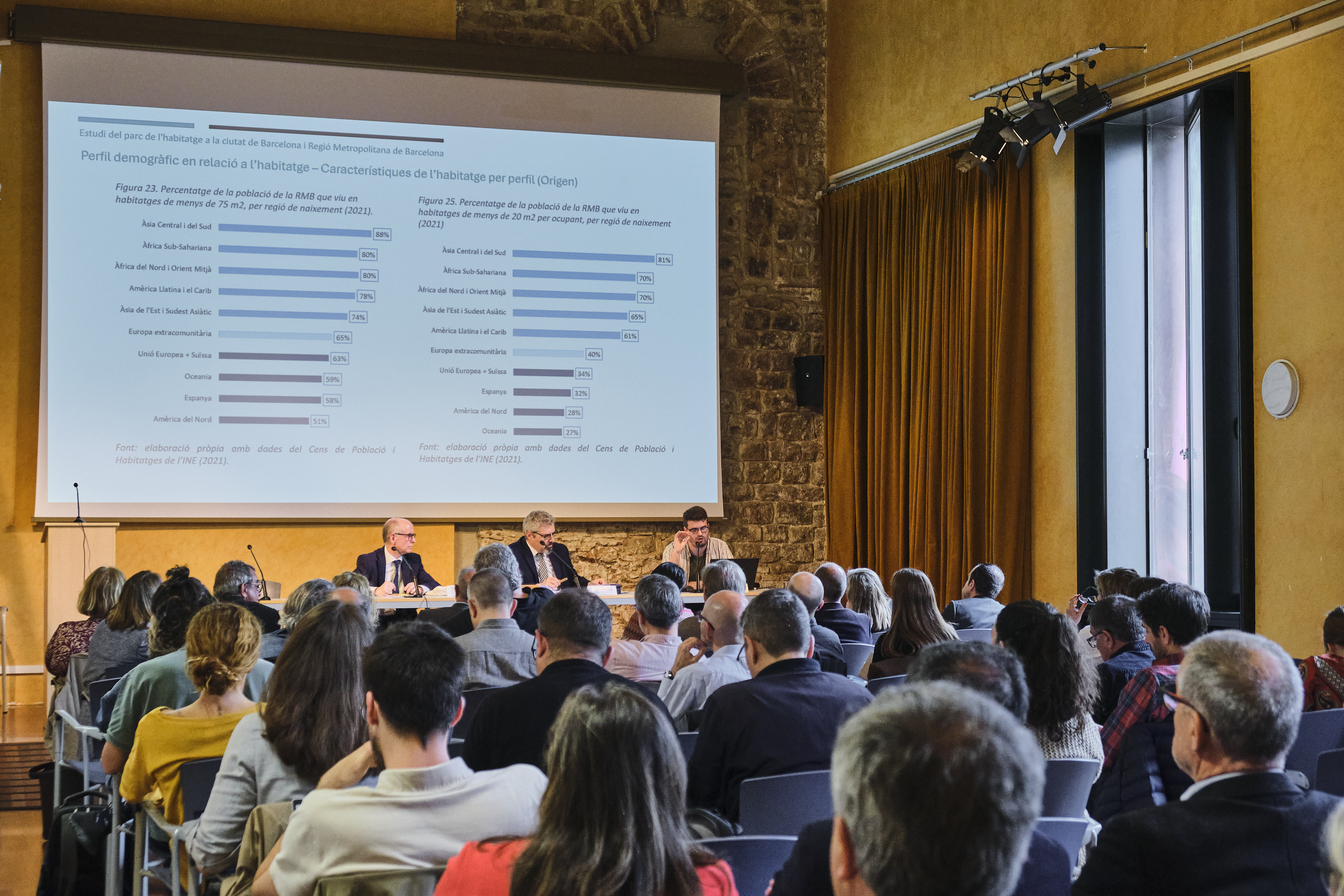 Visió general de la jornada amb el públic en primer terme i la taula de ponències al fons: Eduardo Rojo (president del CESB), Joan Ramon Riera (Comissionat de l'Habitatge) i Lluís Fernández (autor de l'estudi)