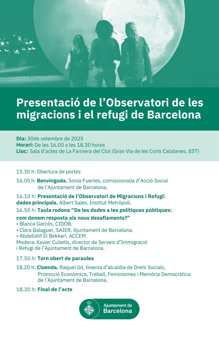 Cartell. Jornada inaugural de l Observatori de les migracions i el refugi de Barcelona