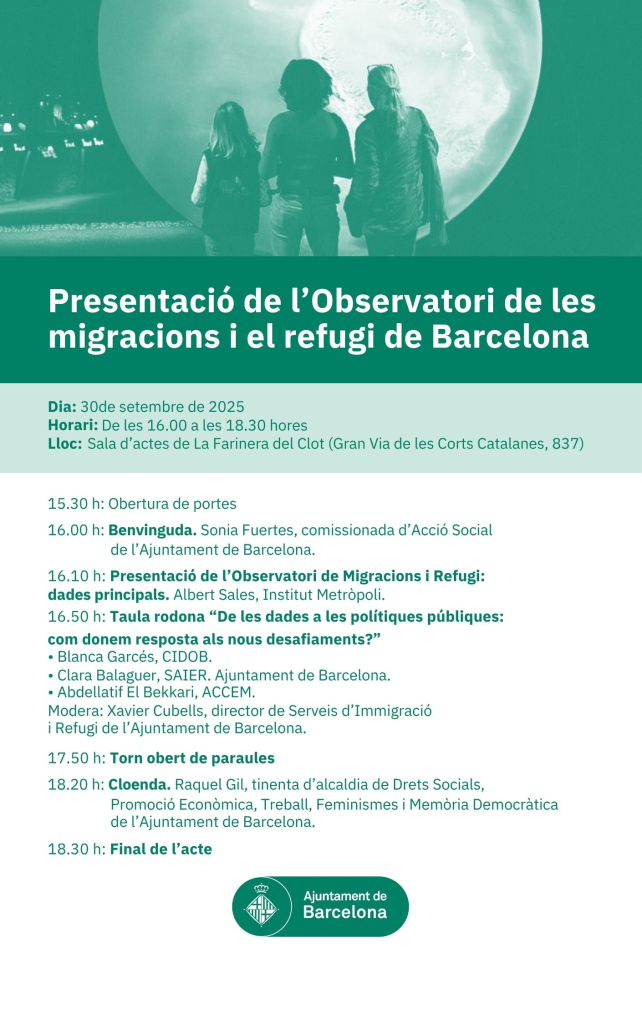 Cartell. Jornada inaugural de l Observatori de les migracions i el refugi de Barcelona
