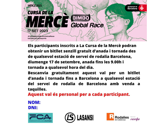 Bitllet de Rodalies gratuït per a les persones inscrites a la Cursa de la Mercè Bimbo Global Race