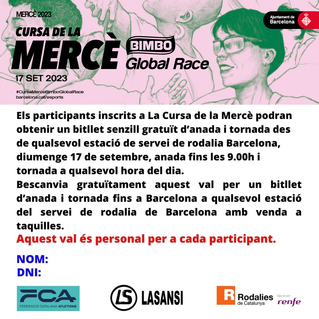 Billete de Rodalies gratuito para las personas inscritas en la Cursa de la Mercè Bimbo Global Race