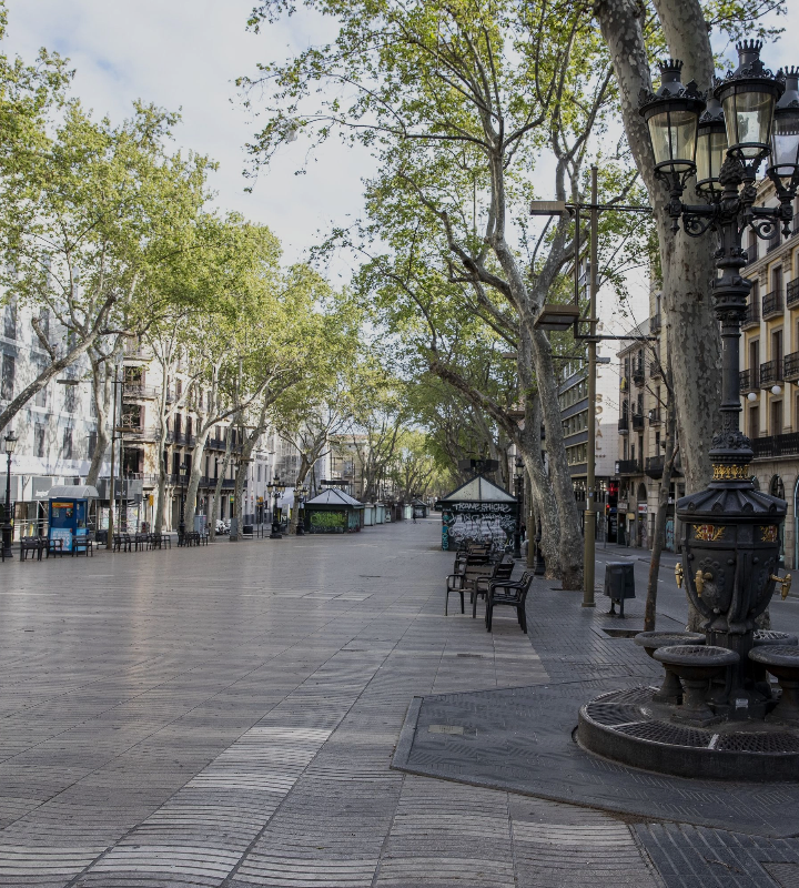 La Rambla a l'alçada de la Font de Canaletes completament buida