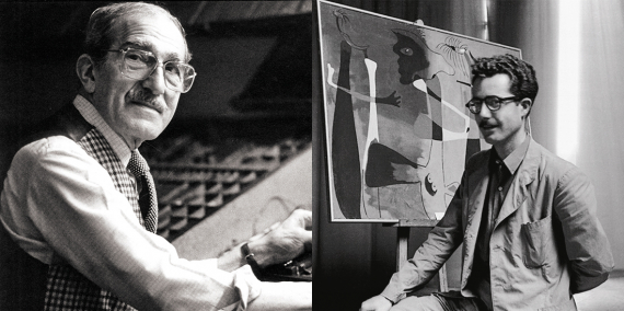 A l'esquerra, Ricard Giralt Miracle al seu taller (1990). © Joan Sánchez / Arxiu Giralt Miracle. ​A la dreta, autoretrat d’Enric Tormo durant el muntatge de l’exposició de Joan Miró a les Galeries Laietanes (1949).