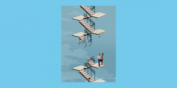 Illustration © Eva Vázquez. A number of people climb the stairs of a building but cannot keep going because a flight of stairs between two floors has collapsed.