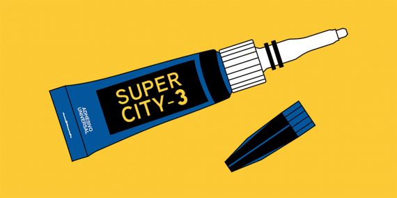 Il·lustració d'un tub d'adhesiu amb etiqueta "Super city-3"