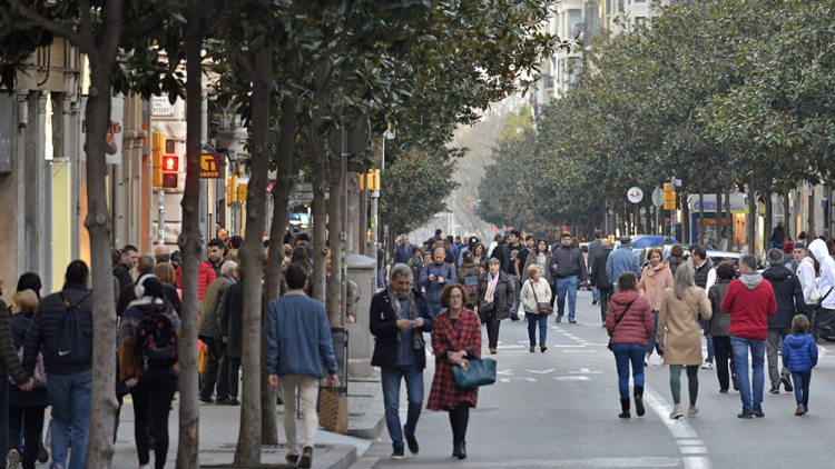 Carrer ple de vianants passejant entre arbres i comerços en un espai sense trànsit