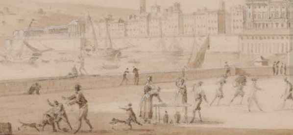 Fragment de 'La vida urbana vora el port, fora muralla', c. 1801-1803. Gravat de Jacques Moulinier, c. 1801-1803. AHCB