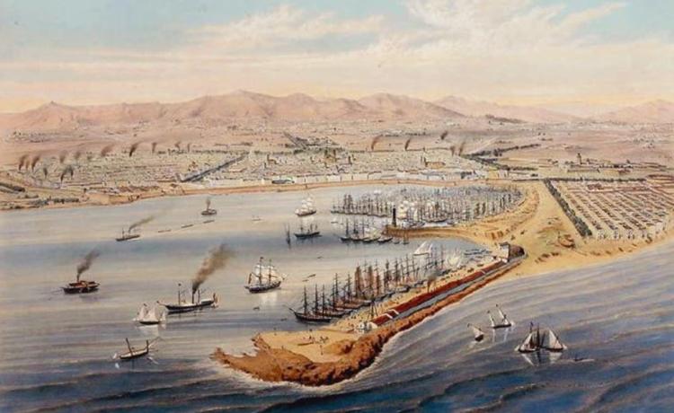 Vista de Barcelona des del port. Gravat d'Alfred Guesdon, 1856. Arxiu Històric de la Ciutat de Barcelona