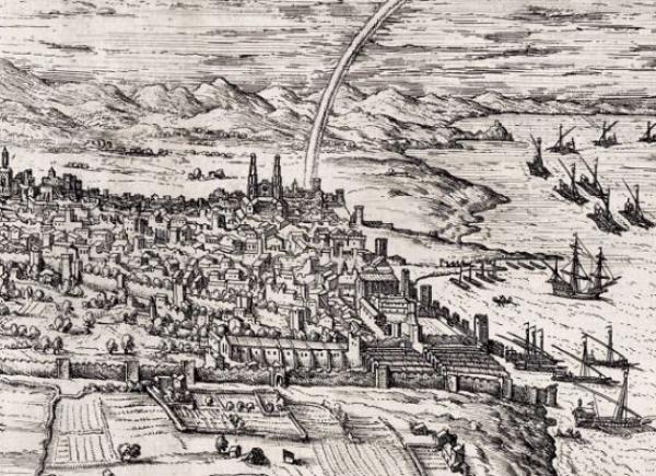 Gravat: vista de la Barcelona tardogòtica, basada en el dibuix de J.V. Vermeyen, de 1535. Arxiu Històric de la Ciutat de Barcelona. Fotografía: @Adobe Stock/ tashka2000