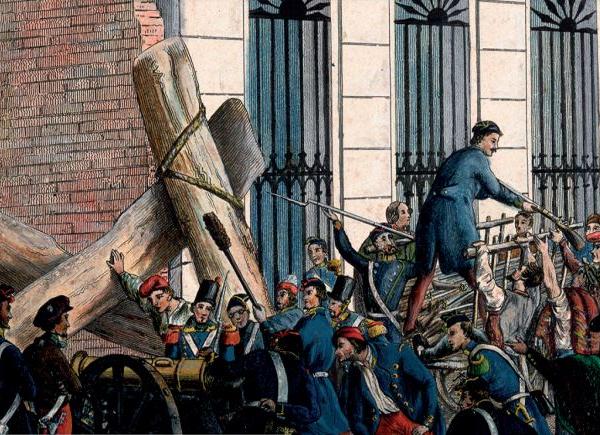 Fragment. Anònim, Revolucionaris repartint els fusells i construint una barricada a l’accés a la plaça de Sant Jaume, novembre de 1842. AHCB