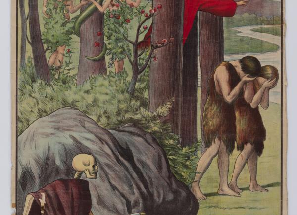 Làmina escolar del pecat original. Eva tempta Adam davant la serp, expulsió del Paradís, la Verge Maria al fons i la mort al davant. 1959-1961