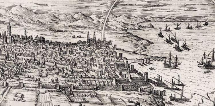 Gravat: vista de la Barcelona tardogòtica, basada en el dibuix de J.V. Vermeyen, de 1535. Arxiu Històric de la Ciutat de Barcelona. Fotografía: @Adobe Stock/ tashka2000