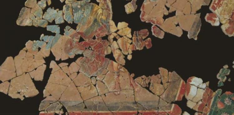 Pintura mural romana que decorava un sostre. © MUHBA (autor: Sïlvia Llobet)