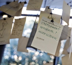 Mòbil penjat al sostre amb papers escrits a mà amb idees sobre l'economia social i solidària. En un es llegeix: "Creixement personal i professional"