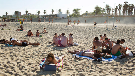 View of a sandy beach with groups of people laying on the sand and others playing sports