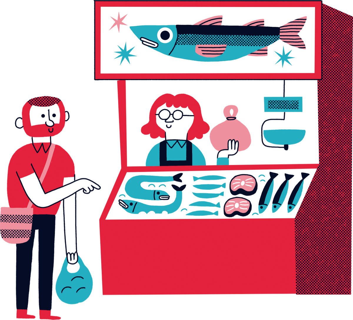 Il·lustració d'una persona comprant a una parada de peix