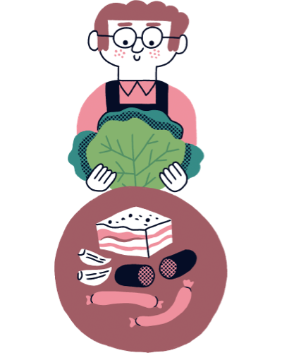 Il·lustració d'una persona agafant una col i davant una taula amb ingredients per fer la recepta