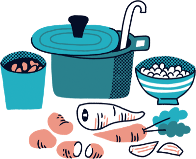 Il·lustració d'un bodegó olla i ingredients de la recepta