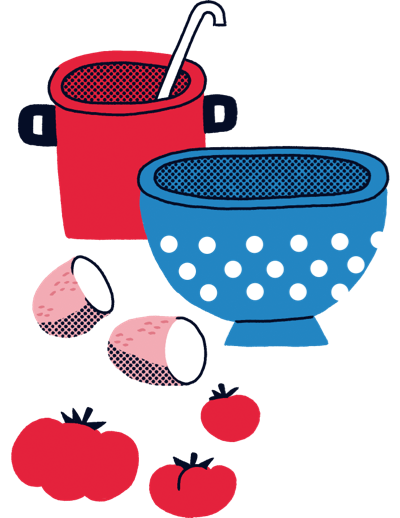 Il·lustració d'estris de cuina i tomàquets