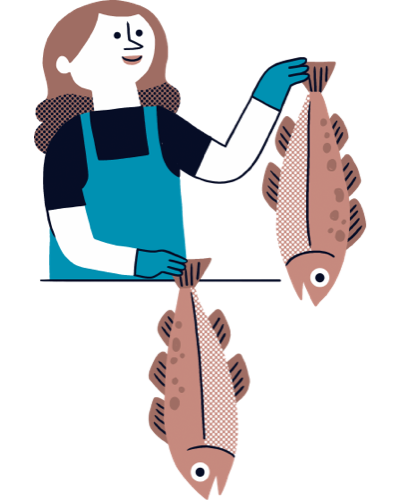 Il·lustració d'una peixatera mostrant dues peces de bacallà