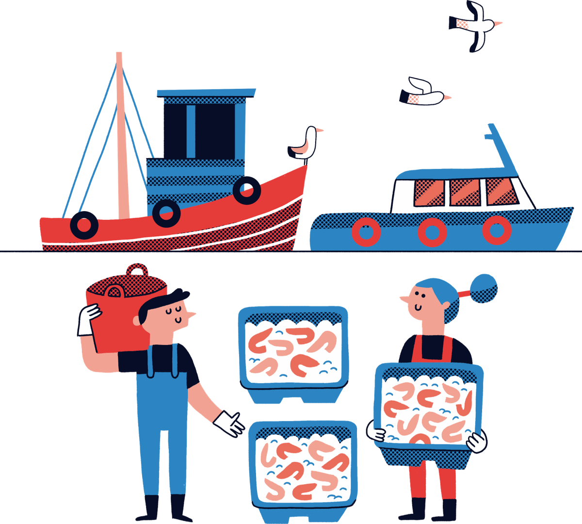 Il·lustració de dues persones amb caixes de gambes i al fons dos vaixells de pesca