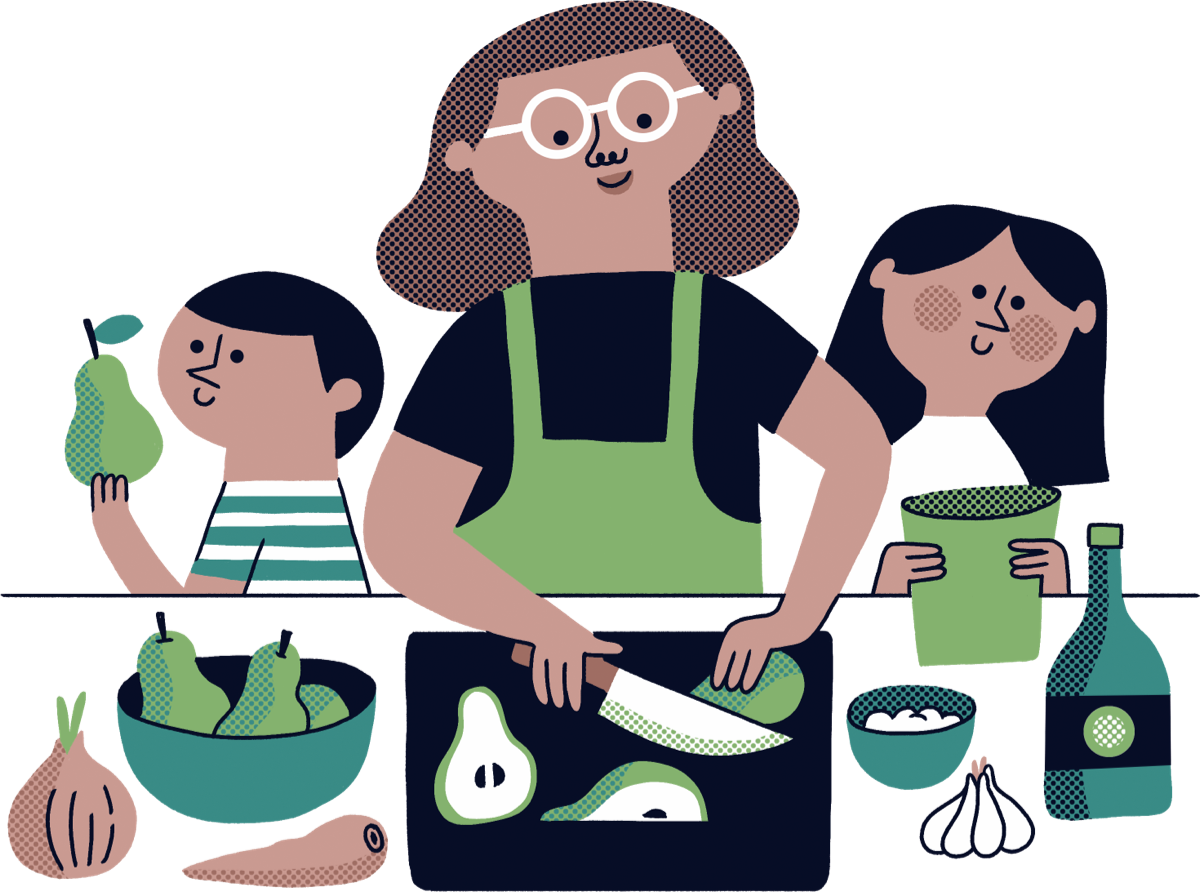 Il·lustració d'una família preparant una recepta amb peres