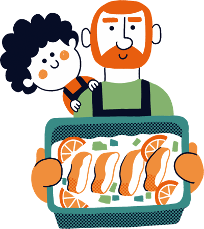 Il·lustració de dos personatges amb una safata d'ànec amb taronja